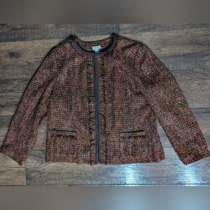 CHICOS WOMENS Sz 3 Orange METALLIC GOLD BOUCLE TEXTURED BLAZER JACKET w/ POCKET